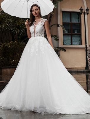 Pricess Wedding Gowns Lace Bodice Tulle Satin Fabric Sweep Train Applique Wedding Gown Exclusive_1