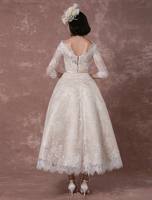 Lace Wedding Dress Vintage Bateau Champagne Half Sleeves Bridal Gown A Line Backless Tea Length Sash Reception Bridal Dress Exclusive_6
