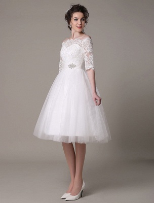 Lace Bridal Dresses 2021 Short Off The Shoulder A Line Knee Length Waist Rhinestone Bridal Dress Exclusive_4