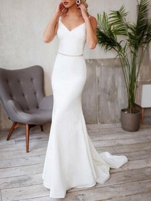 Elegant Wedding Dresses Lycra Spandex V Neck Sleeveless Strap Sash Mermaid Bridal Gowns With Train_1