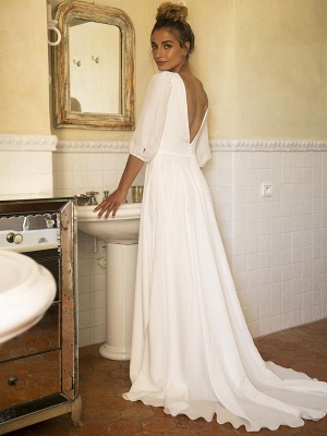 White Wedding Gownses With Train A Line Floor Length 3/4 Length Sleeves Pleated V Neck Wedding Dresseses_2