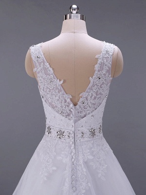 Wedding Dresses V Neck Sleeveless A Line Lace Embellishment Beaded Sash Bridal Gowns With Train_5
