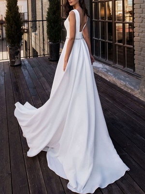 Cheap Wedding Dress Satin Fabric V Neck Sleeveless Sash A Line Floor Length Wedding Gowns_2