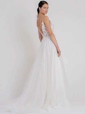 White Wedding Gowns Chapel Train A-Line Sleeveless Spaghetti Straps Matte Satin V-Neck Lace Bridal Gowns_4