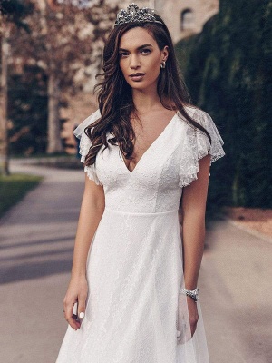 White Vintage Wedding Dress Lace V-Neck Short Sleeves Backless Ruffles A-Line Natural Waist Long Bridal Gowns_2
