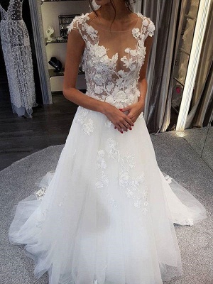 Wedding Dress Jewel Neck Sleeveless Lace Flora A Line Tulle Bridal Gowns For Beach Wedding_3