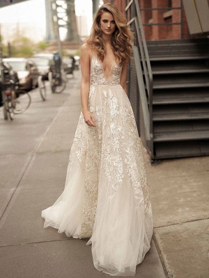 Lace Wedding Dress With Train A Line Sleeveless V Neck Bridal Dresses_1