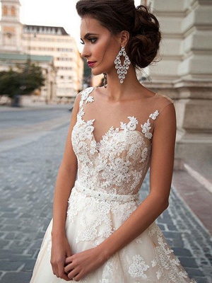 Bridal Dresses 2021 Jewel Illusion Neck Sleeveless A Line Lace Flora Applique Wedding Gowns With Train_3