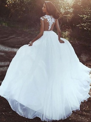 Wedding Dresses With Court Train A-Line Sleeveless Applique Illusion Neckline Bridal Gowns_2