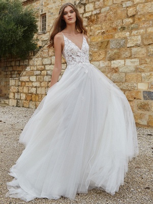 White Wedding Gowns Chapel Train A-Line Sleeveless Spaghetti Straps Matte Satin V-Neck Lace Bridal Gowns_1