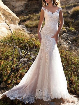 Wedding Dresses 2021 V Neck Mermaid Sleeveless Lace Embellishment Classic Bridal Gowns With Train_1