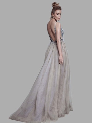 Boho Wedding Dress 2021 A Line Deep V Neck Sleeveless Straps Split Front Floor Length Prom Dresses_2