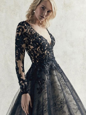 Black Wedding Dresses Lace Princess Silhouette Long Sleeves Natural Waist Lace Court Train Bridal Gown_5