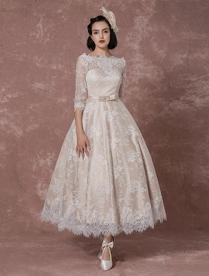 Lace Wedding Dress Vintage Bateau Champagne Half Sleeves Bridal Gown A Line Backless Tea Length Sash Reception Bridal Dress Exclusive_2