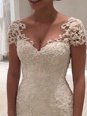 Bridal Dresses 2021 V Neck Short Sleeve Sheath Deep V Backless Lace Beaded Wedding Gowns With Train_2
