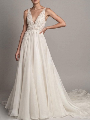 Simple Wedding Gowns 2021 A Line V Neck Sleeveless Beaded Wedding Dresseses With Train_1