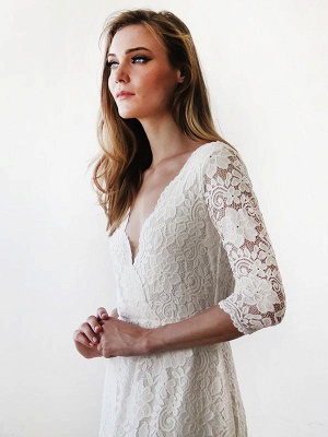 Wedding Gowns Floor-Length A-Line 3/4 Length Sleeves V-Neck Lace Bridal Gowns_3