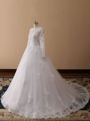 Bridal Dresses 2021 Princess Silhouette Bateau Neck Long Sleeve Natural Waist Lace Tulle Wedding Gowns_6