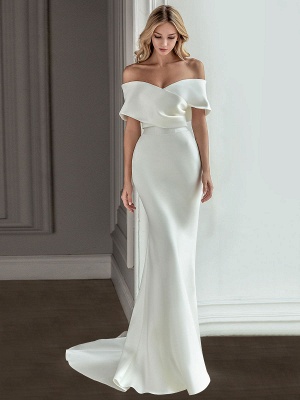 White Vintage Wedding Dresses With Train Satin Off The Shoulder Wedding Dresses Pleated Mermaid Bridal Gowns_2