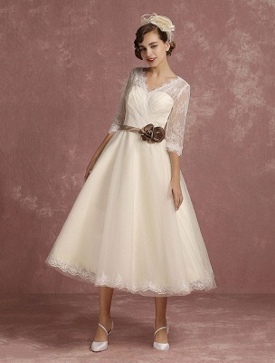 Vintage Wedding Dress Short Lace Tulle Bridal Dress Half Sleeve V Neck Backless A Line Flower Sash Tea Length Bridal Gown Exclusive_5