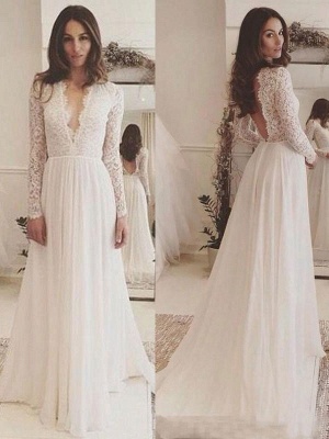 Vintage Wedding Dress Chiffon V Neck Long Sleeves Lace A Line Bridal Gowns With Train_1
