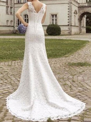 Lace Wedding Dress Mermaid V Neck Sleeveless Floor Length With Train Beach Bridal Gowns_2