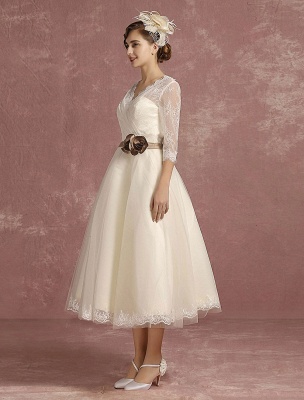 Vintage Wedding Dress Short Lace Tulle Bridal Dress Half Sleeve V Neck Backless A Line Flower Sash Tea Length Bridal Gown Exclusive_8