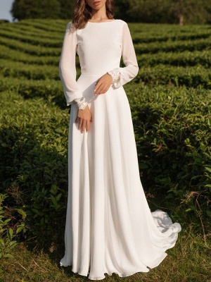 Cheap Wedding Dresses Lycra Spandex Bateau Neck Long Sleeves Lace A Line Bridal Gowns_3
