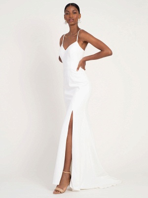 White Cheap Wedding Dress Mermaid V-Neck Sleeveless Spaghetti Straps Natural Waist Satin Fabric Split Front Wedding Gowns_3