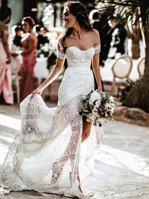 White Lace Wedding Gowns Floor Length Sheath Sleeveless Lace Sweetheart Neck Wedding Dresseses Train Dress_1