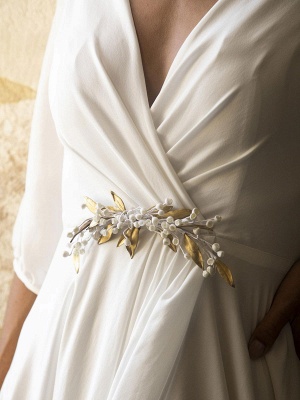White Wedding Gownses With Train A Line Floor Length 3/4 Length Sleeves Pleated V Neck Wedding Dresseses_6