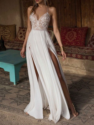 Boho Bridal Dresses 2021 Lace V Neck Sleeveless Beaded Backless Double Splits Chiffon Beach Wedding Gowns_1