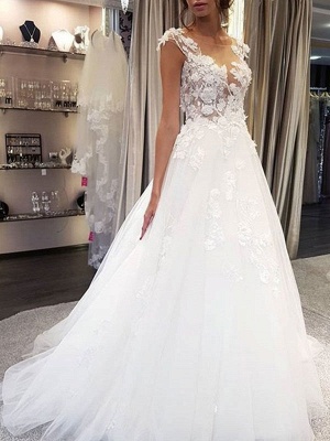 Wedding Dress Jewel Neck Sleeveless Lace Flora A Line Tulle Bridal Gowns For Beach Wedding_1