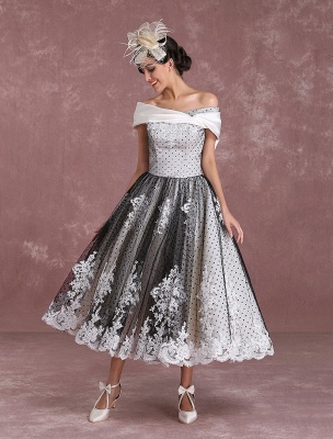 Black Wedding Dresses Vintage Short Bridal Gown Lace Off The Shoulder Polka Dot Print Bridal Dress With Bow At Back Exclusive_3