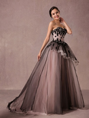 Black Wedding Dress Lace Tulle Chapel Train Bridal Gown Strapless Sweetheart A-Line Luxury Princess Pageant Dress_5