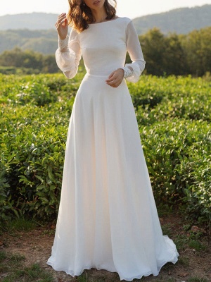 Cheap Wedding Dresses Lycra Spandex Bateau Neck Long Sleeves Lace A Line Bridal Gowns_4