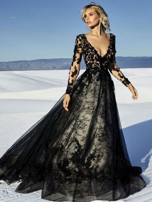 Black Wedding Dresses Lace Princess Silhouette Long Sleeves Natural Waist Lace Court Train Bridal Gown_3