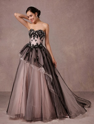 Black Wedding Dress Lace Tulle Chapel Train Bridal Gown Strapless Sweetheart A-Line Luxury Princess Pageant Dress_2
