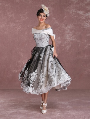 Black Wedding Dresses Vintage Short Bridal Gown Lace Off The Shoulder Polka Dot Print Bridal Dress With Bow At Back Exclusive_5