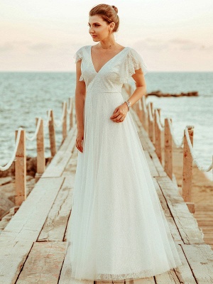Cheap Wedding Dresses 2021 A Lne V Neck Short Sleeve Floor Length Tulle Beach Wedding Party Dresses Bridal Gowns_3