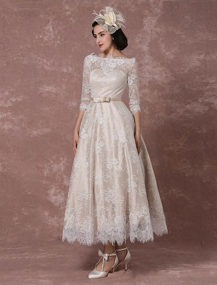 Lace Wedding Dress Vintage Bateau Champagne Half Sleeves Bridal Gown A Line Backless Tea Length Sash Reception Bridal Dress Exclusive_5