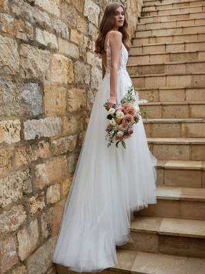 White Wedding Gowns Chapel Train A-Line Sleeveless Spaghetti Straps Matte Satin V-Neck Lace Bridal Gowns_2