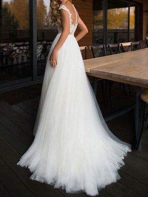 Wedding Dresses 2021 Illusion Neck Short Sleeve Floor Length Lace Soft Tulle Beach Bridal Gowns For Boho Wedding_2