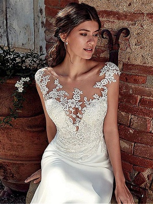 White Cheap Wedding Dresses White Chiffon Illusion Neckline Sleeveless Court Train Applique Sheath Bridal Gowns_3