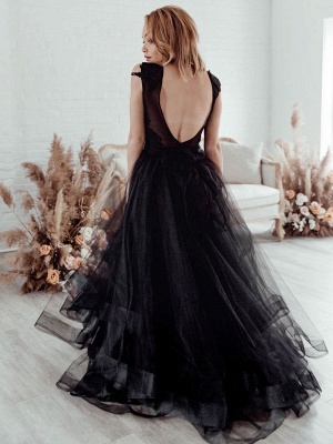 Black Bridal Dress A-Line Illusion Neckline Sleeveless Backless Applique Floor-Length Lace Tulle Bridal Gowns_4