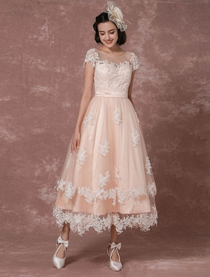 Wedding Gowns Short Vintage Bridal Dress Backless Illusion Lace Applique Tea-Length A-Line Reception Bridal Gown Exclusive_3