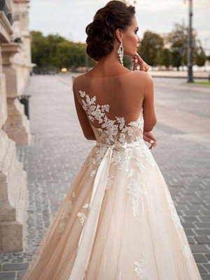 Bridal Dresses 2021 Jewel Illusion Neck Sleeveless A Line Lace Flora Applique Wedding Gowns With Train_4