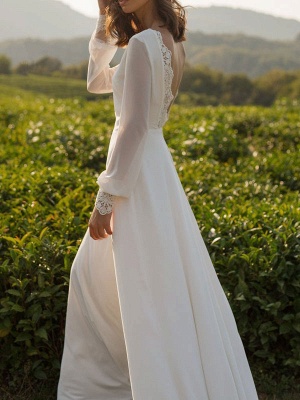 Cheap Wedding Dresses Lycra Spandex Bateau Neck Long Sleeves Lace A Line Bridal Gowns_7