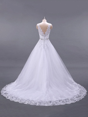 Wedding Dresses V Neck Sleeveless A Line Lace Embellishment Beaded Sash Bridal Gowns With Train_3