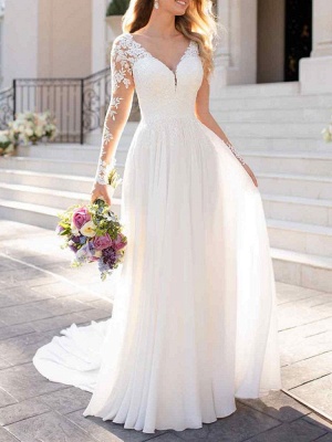 Lace Wedding Dresses 2021 Chiffon V Neck A Line Long Sleeve Lace Applique Beach Wedding Bridal Dress With Train Free Customization_1